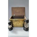 Brass Log Box & 2 Hurricane Lamps