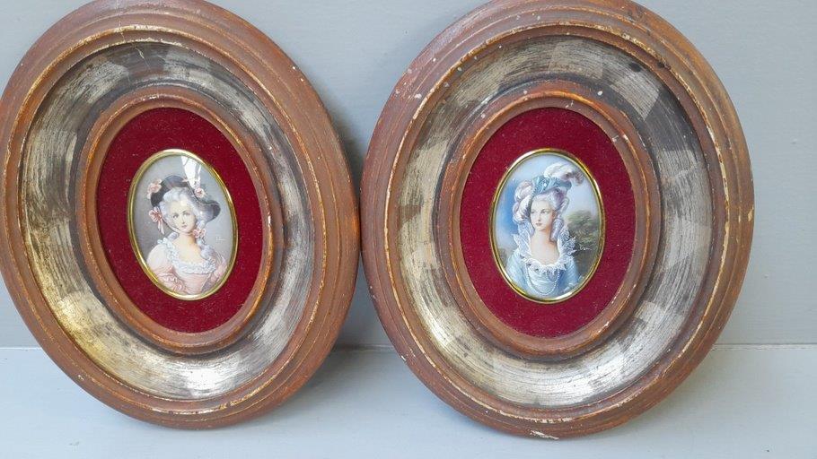 Pair Miniature Portraits In Wooden Oval Frames
