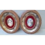 Pair Miniature Portraits In Wooden Oval Frames