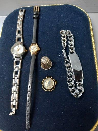 Box Including Silver Thimble (Birmingham) Pearl Necklaces, Wrist Watch Etc