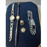Box Including Silver Thimble (Birmingham) Pearl Necklaces, Wrist Watch Etc