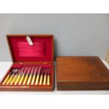 12 Fish Knives & Forks In Mahogany Box & 1 Empty Oak Cutlery Box