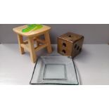 Pine Stool, Large Wooden Dice, Candleholders Etc