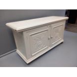 White Painted Carved Linen Cupboard H74cm x W138cm x D48cm