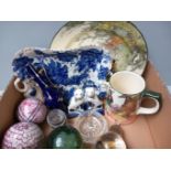 Box Assorted China & Glass - Royal Doulton Plate, Beaker, 2 Decorative Balls, Paperweight Etc