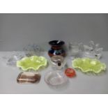 Box Assorted Coloured Glass Dishes, Cream & Sugar, Paperweights Etc