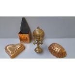 Box Including Brass Jardiniere, Copper Jelly Moulds, Candleholders Etc