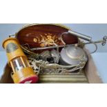 Box Including Brass Kettle, Trivet, Brass Lamp Etc