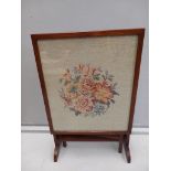 Mahogany Tapestry Folding Fire Screen By S Oxley, Hexham Cabinet Makers