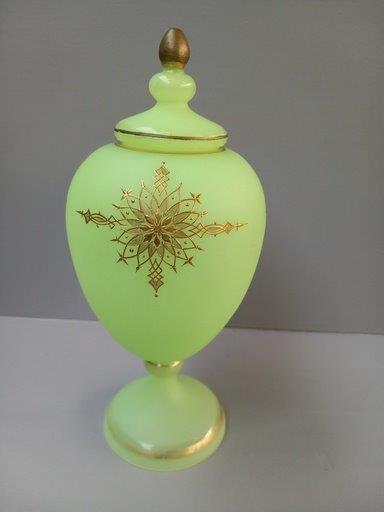 Green Opaline Style Glass Lidded Mantel Vase (A/F)