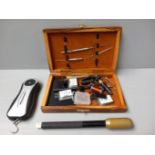 Wooden Case Including Fishing Fly Tying Instruments, Scales & Priest