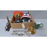 Box Including Assorted Brassware, Cameras, Shields Etc