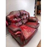 Red Leather 2 Seater Button Back Settee & Chair