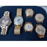 Trunk Shaped Treen Box & 6 Assorted Watches Etc