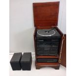 Reproduction Mahogany Inlaid Stereo Cabinet H73cm x W46cm x D44cm & Pioneer Stereo