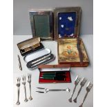 Box Old Tin, Plated Photograph Frames, Pens, Cutlery Etc