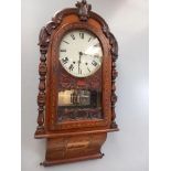 Victorian Walnut Inlaid Wall Clock + Key H110cm x W54cm