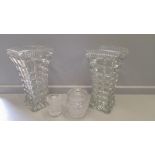 Box Including 2 Heavy Cut Glass Vases, Jug, Basket, Dishes, Blue Coloured Glasses Etc