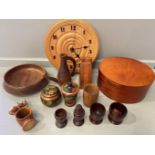 Quantity Treen Bowls, Dishes, Bookends, Clock Etc