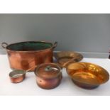 Box Including Copper & Brass 2 Handled Pan, Pans Etc