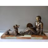 A Large Art Deco Figure 'Lady With Dog' On Marble Stand H29cm x W60cm x D14cm