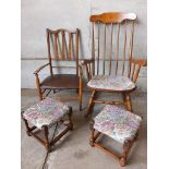 Oak Rocking Chair, Small Oak Carver Chair & 2 Footstools