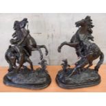 Pair Of Spelter Figures Of A Marley Horse Rearing & Groom On Wooden Bases H54cm x W40cm