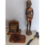 Box Including Carved Wooden Figure, Place Mats, Letter Rack Etc