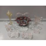 Assorted Glassware - Glasses, Coloured Glass Basket, Salts Etc