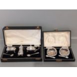 3 Boxed Sets Cut Glass Cream & Sugar, Salts & Plated Cruet Set