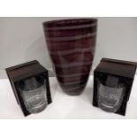 Plum Coloured Glass Vase H27cm, 2 Crystal Whisky Tumblers Engraved 'Black Watch' Round The World 200