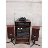 Mahogany Hi-Fi Cabinet, Stereo, Speakers, Gold Leads Etc