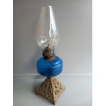 Metal/Blue Glass Oil Vessel Lamp