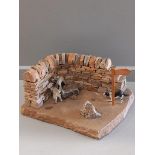 Stone Wall, 2 Lambs & Dog On Plinth H10cm x W30cm (A/F)