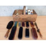 Quantity Of Shoe Cleaning Brushes, Polish Etc In Wooden Carrying Box