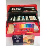 2 Boxes Artist's Paints & Brushes In Box, Needlework Threads, Feathers Etc