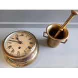 Ship's Clock & Keys, Brass Telescope Engraved 2/7/64 In Leather Case L44cm & Brass Pestle & Mortar