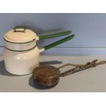 Vintage Cream/Green Enamel Double Boiler Pan, Brass Chestnut Roaster, Lamps Etc