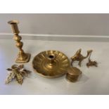 Box Including Copper Pan, Brass French Hanging Oil Vessel, Candlesticks & Other Small Brass Pieces