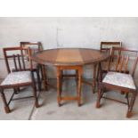 Carved Oak Drop Leaf Table & 4 Chairs H73cm x L120cm x W87cm
