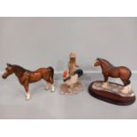 Border Fine Arts Shire Gelding (Bay) 126A By A Wall On Wood Base, China Horse, Cockerel Figure, 2 Po