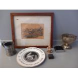 Box Including Hip Flask, Tankard, Plates Etc