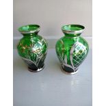 2 Silver Plated Overlay Green Glass Miniature Vases H11cm