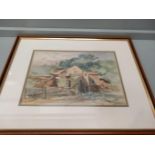Watercolour - Watermill & Print Of Bamburgh Castle By Douglas Hogg