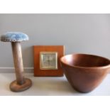 Box Including Vintage Wooden Mushroom/Thread Spool. Wooden Bowl, Barometer, Assorted Boxes Etc