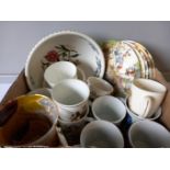 Box Including Mugs, Royal Doulton Collector's Plates, Dishes Etc