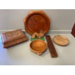 Box Including Treen Bowls, Bookends, Jewellery Box & Mouseman Dish