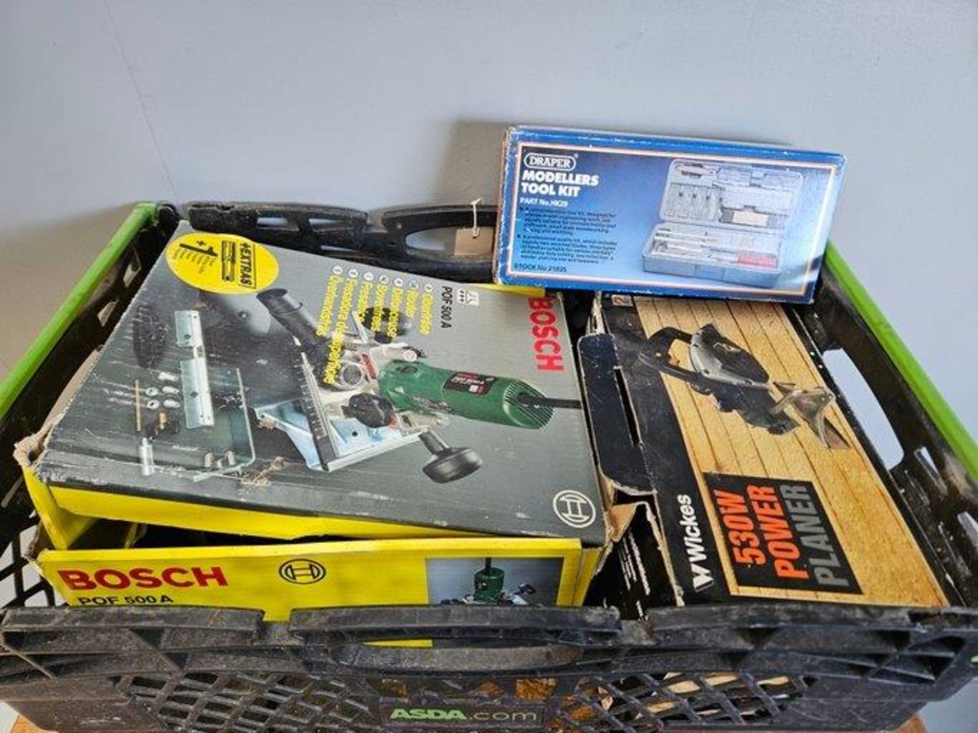 Box Including Bosch Router, Wickes Power Planer Etc