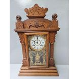Carved Oak Mantel Clock + Key H62cm