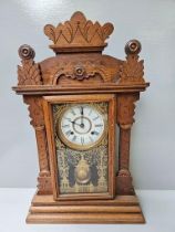 Carved Oak Mantel Clock + Key H62cm